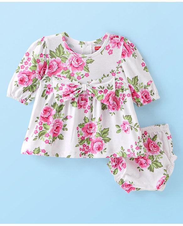Babyhug Preemie Cotton Knit Full Sleeves Frock with Floral Print & Bloomer - White