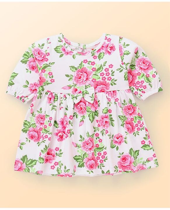 Babyhug Preemie Cotton Knit Full Sleeves Frock with Floral Print & Bloomer - White
