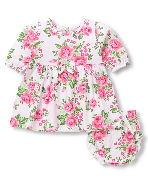 Babyhug Preemie Cotton Knit Full Sleeves Frock with Floral Print & Bloomer - White