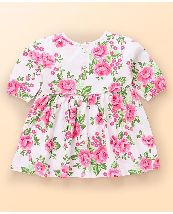 Babyhug Preemie Cotton Knit Full Sleeves Frock with Floral Print & Bloomer - White