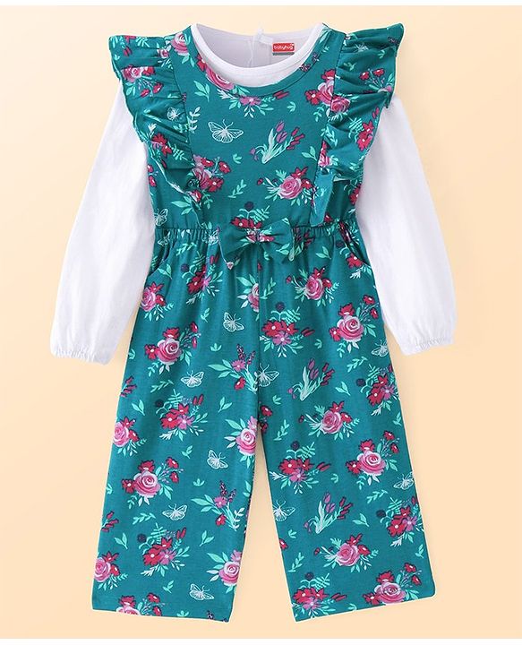 Babyhug Single Jersey Jumpsuit with Full Sleeves Inner Top Floral Print & Frill Detailing - Dark Green