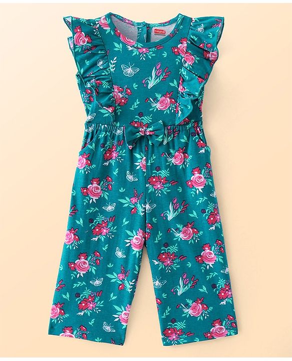 Babyhug Single Jersey Jumpsuit with Full Sleeves Inner Top Floral Print & Frill Detailing - Dark Green
