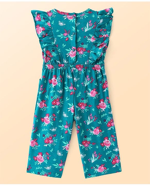 Babyhug Single Jersey Jumpsuit with Full Sleeves Inner Top Floral Print & Frill Detailing - Dark Green