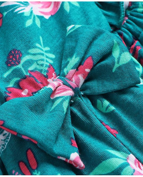 Babyhug Single Jersey Jumpsuit with Full Sleeves Inner Top Floral Print & Frill Detailing - Dark Green