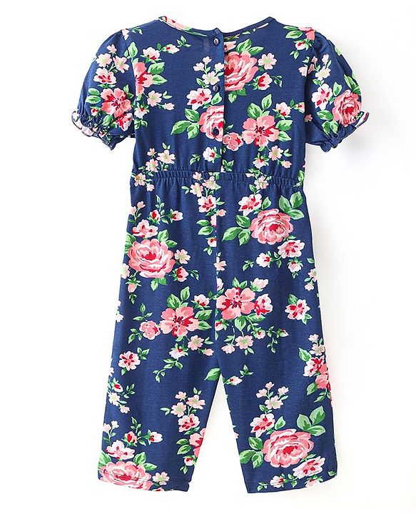 Babyhug Single Jersey Knit  Half Puffed Sleeves Floral Printed Jumpsuit with Bow Applique - Navy Blue