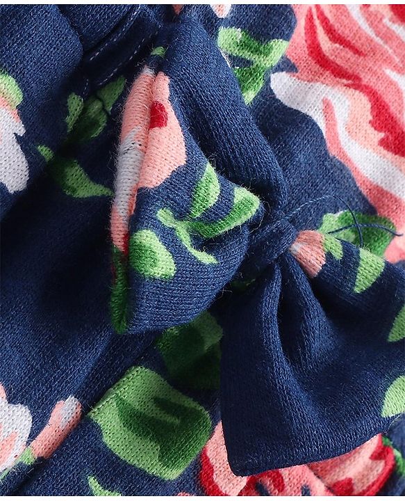 Babyhug Single Jersey Knit  Half Puffed Sleeves Floral Printed Jumpsuit with Bow Applique - Navy Blue