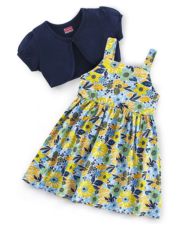 Babyhug Single Jersey Cotton Frock with Half Sleeves Jacket Floral Print - Navy Blue