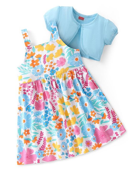 Babyhug Single Jersey Knit Floral Printed Frock With Half Sleeves Shrug - White