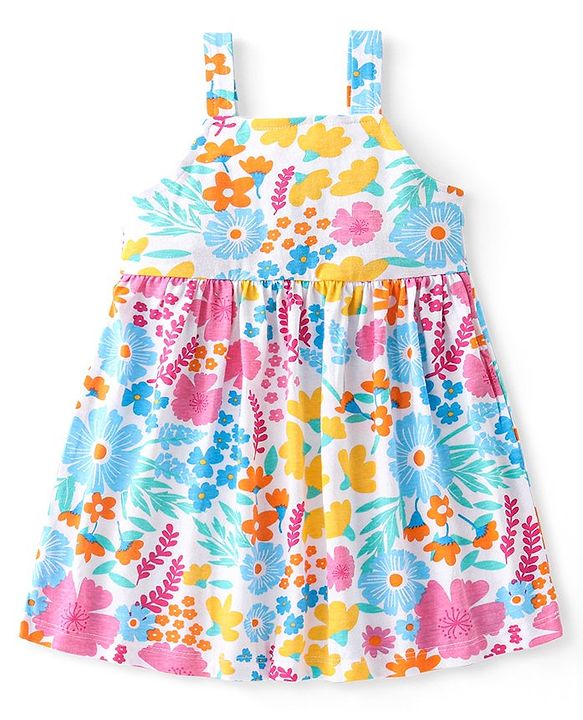 Babyhug Single Jersey Knit Floral Printed Frock With Half Sleeves Shrug - White