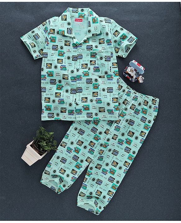 Babyhug Half Sleeves Night Suit Vehicle Print - Light Green