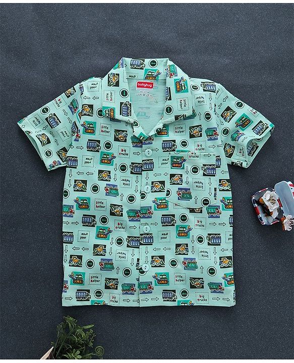 Babyhug Half Sleeves Night Suit Vehicle Print - Light Green