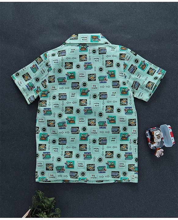 Babyhug Half Sleeves Night Suit Vehicle Print - Light Green