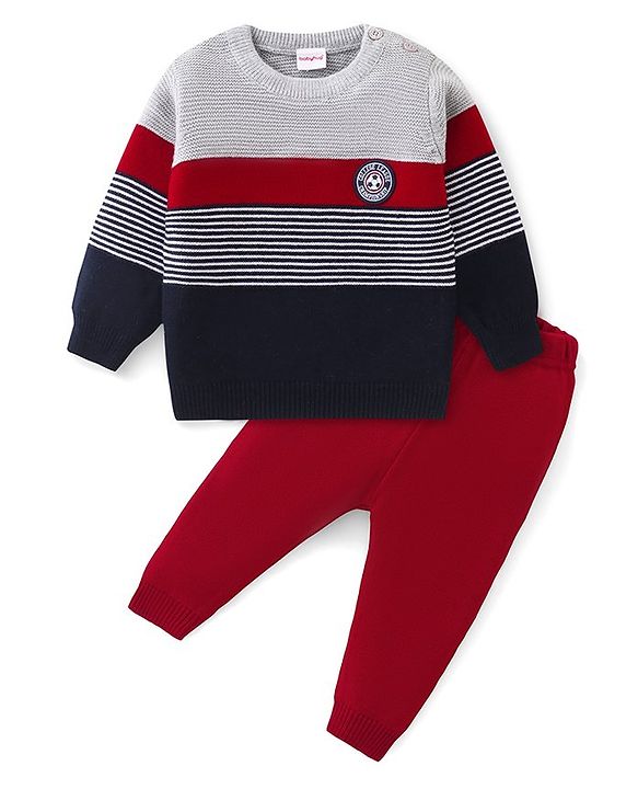 Babyhug Knitted Full Sleeves Sweater Set with Stripes Design - Multicolour