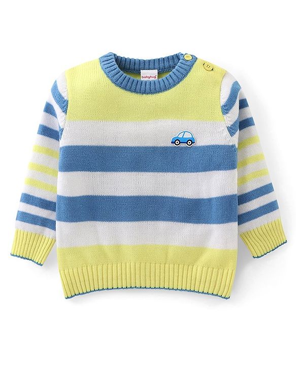 Babyhug Knitted Full Sleeves Sweater Set with Stripes & Patch Work Detailing - Multicolour