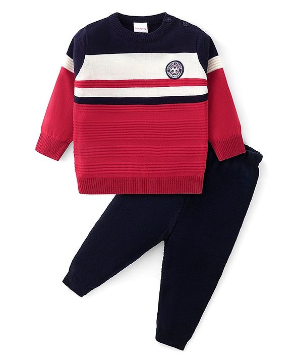 Babyhug Knit Full Sleeves Sweater Set with Strips Design - Red