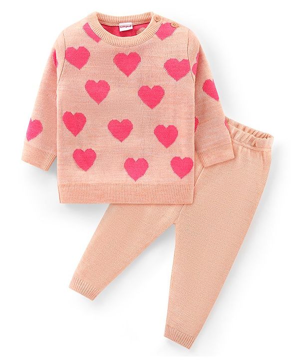 Babyhug Knitted Full Sleeves Sweater Set with Heart Design - Peach
