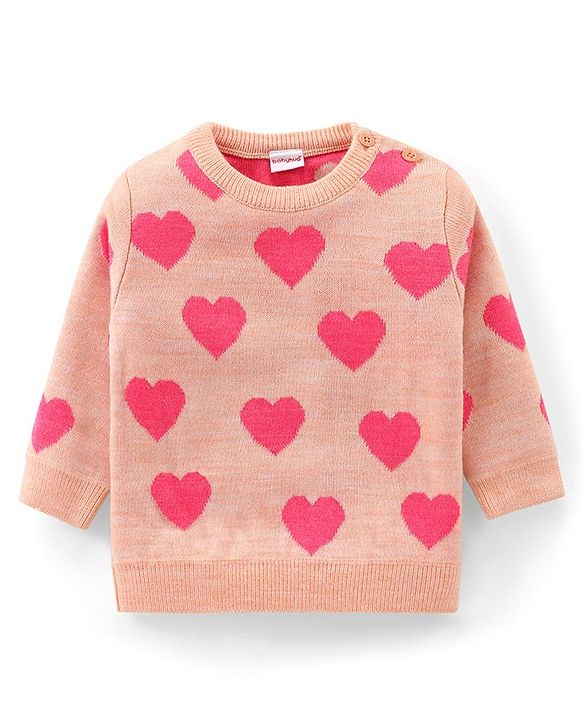 Babyhug Knitted Full Sleeves Sweater Set with Heart Design - Peach