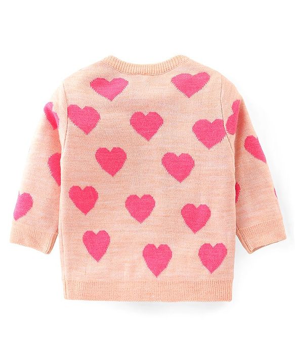 Babyhug Knitted Full Sleeves Sweater Set with Heart Design - Peach