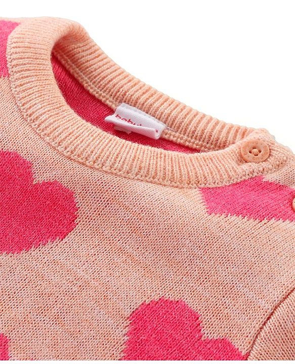 Babyhug Knitted Full Sleeves Sweater Set with Heart Design - Peach