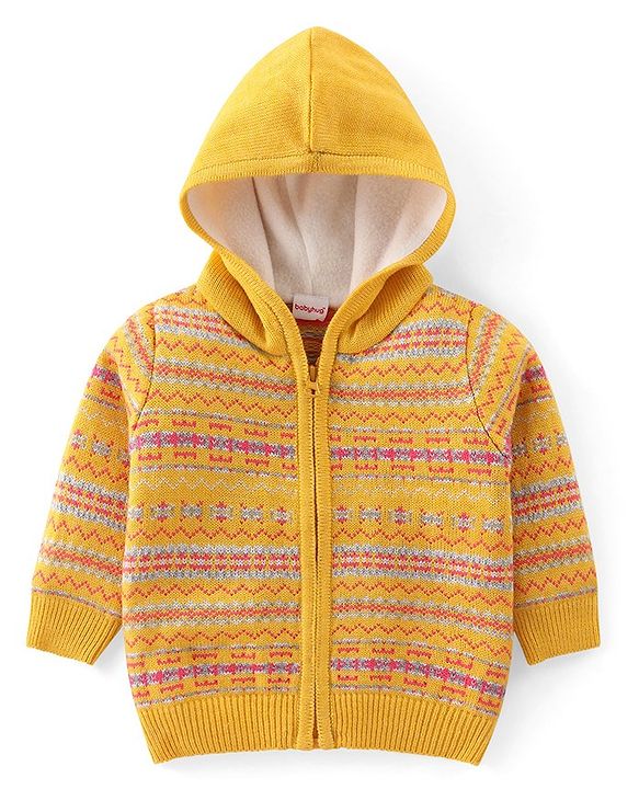 Babyhug Knitted Full Sleeves Front Open Hooded Sweater Set With Aztec Design - Mustard