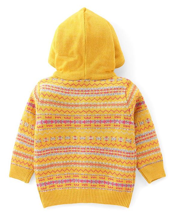 Babyhug Knitted Full Sleeves Front Open Hooded Sweater Set With Aztec Design - Mustard