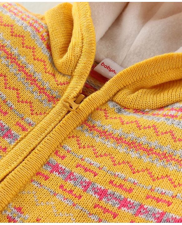 Babyhug Knitted Full Sleeves Front Open Hooded Sweater Set With Aztec Design - Mustard