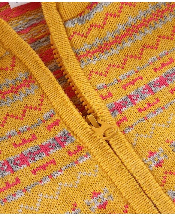 Babyhug Knitted Full Sleeves Front Open Hooded Sweater Set With Aztec Design - Mustard