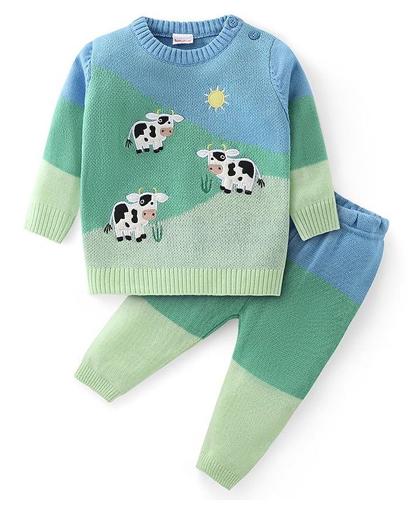 Babyhug Knit Full Sleeves Sweater Set with Colour Block Design & Moo Patch Detailing - Green