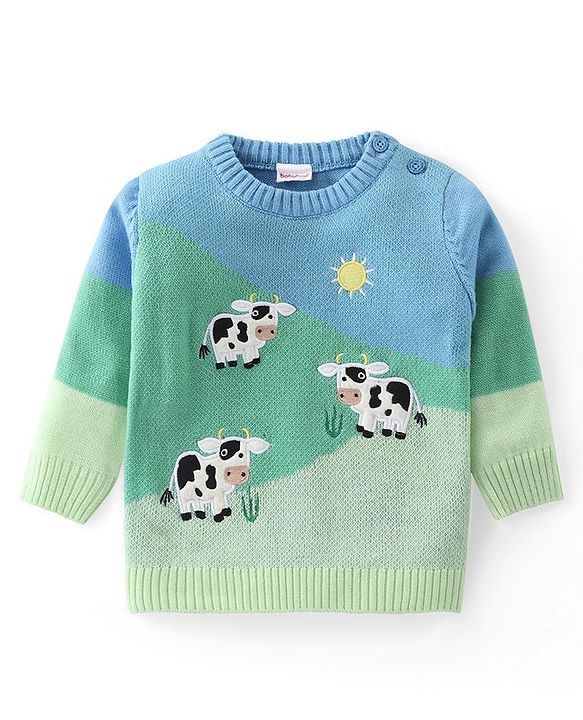 Babyhug Knit Full Sleeves Sweater Set with Colour Block Design & Moo Patch Detailing - Green