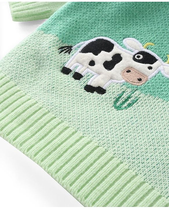 Babyhug Knit Full Sleeves Sweater Set with Colour Block Design & Moo Patch Detailing - Green