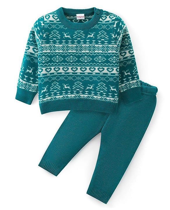 Babyhug Knitted Full Sleeves Sweater Set with Aztec Design - Green