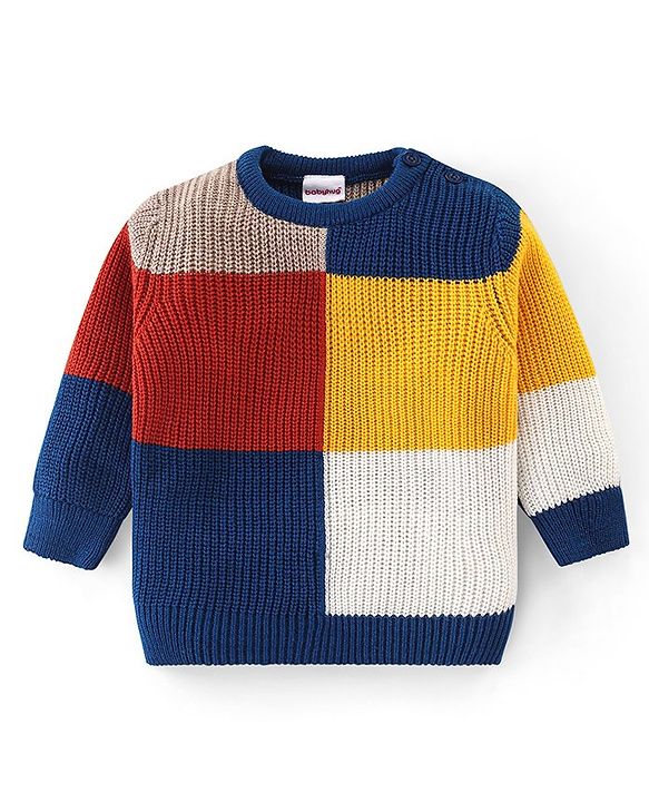 Babyhug Knitted Full Sleeves Sweater Set with Colour Block Design - Multicolour