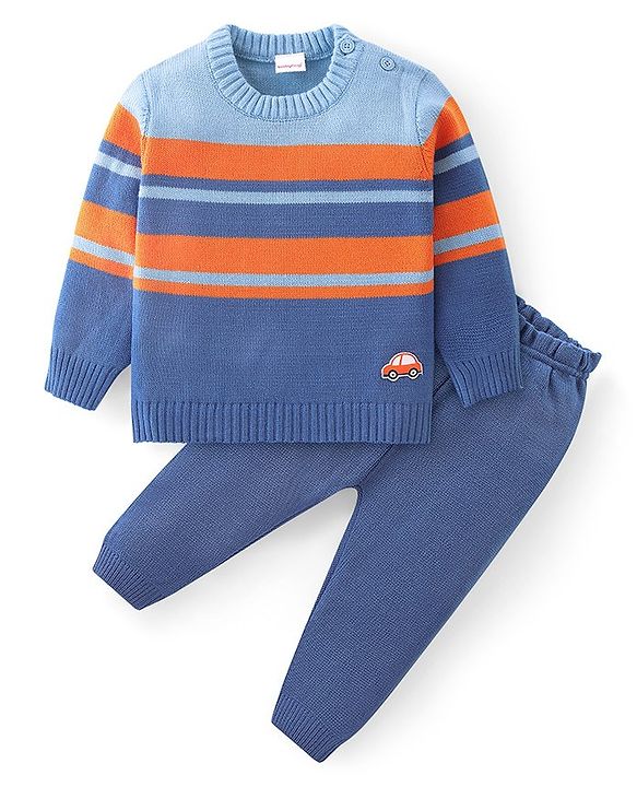 Babyhug Knit Full Sleeves Sweater Set with Car Design - Orange & Blue