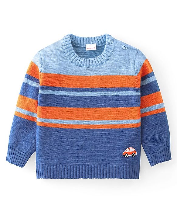 Babyhug Knit Full Sleeves Sweater Set with Car Design - Orange & Blue