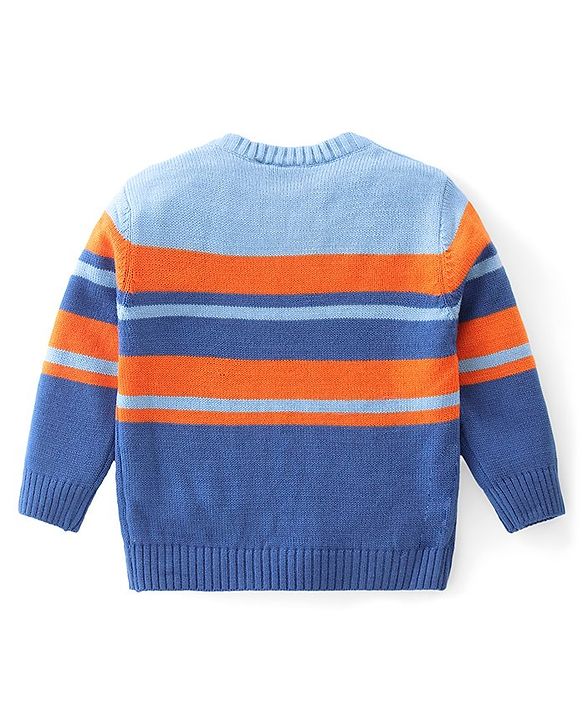 Babyhug Knit Full Sleeves Sweater Set with Car Design - Orange & Blue