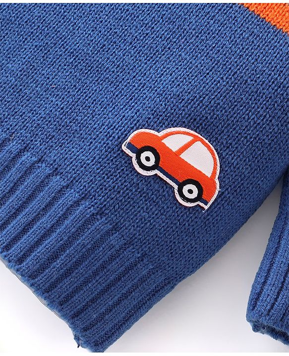 Babyhug Knit Full Sleeves Sweater Set with Car Design - Orange & Blue