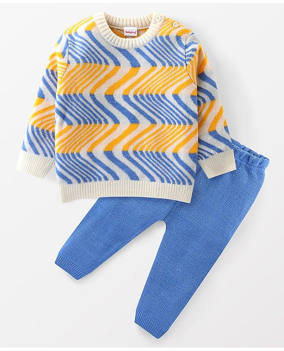 Babyhug Knit Full Sleeves Sweater Set with Wave Pattern Design - Light Blue