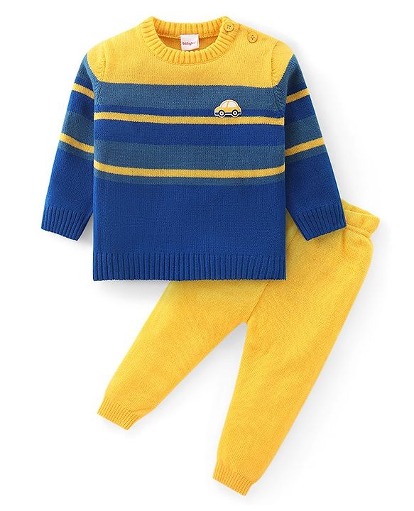 Babyhug Knitted Full Sleeves Sweater Set with Stripes & Patch Work Detailing - Mustard & Blue
