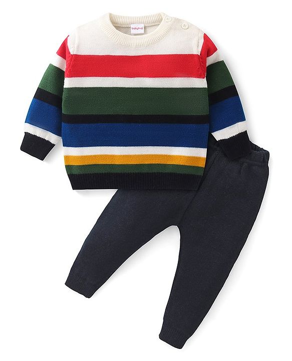 Babyhug Knitted Full Sleeves Sweater Set with Stripes Design - Multicolour