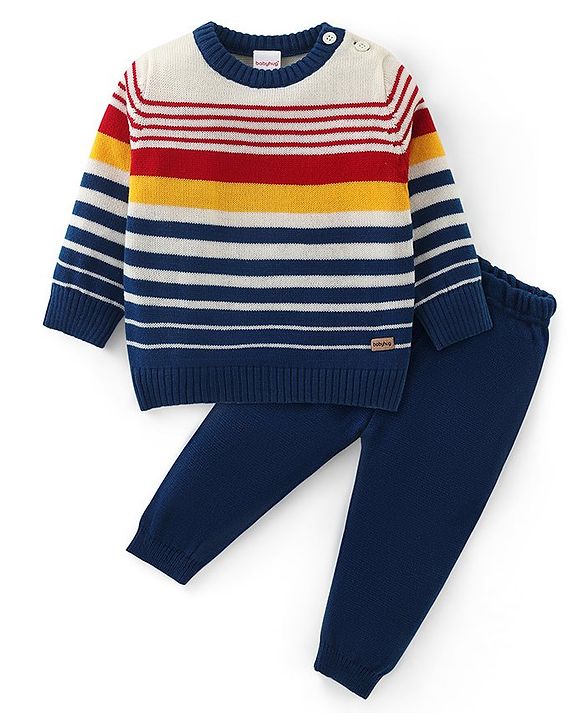 Babyhug Knitted Full Sleeves Sweater Set with Stripes Design - Navy Blue