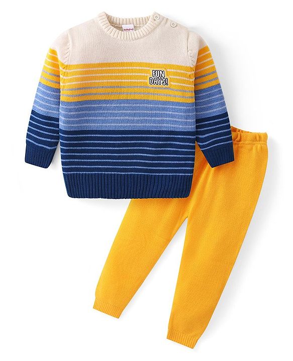 Babyhug Knitted Full Sleeved Pullover Striped  Sweater Set - Yellow  Blue & White