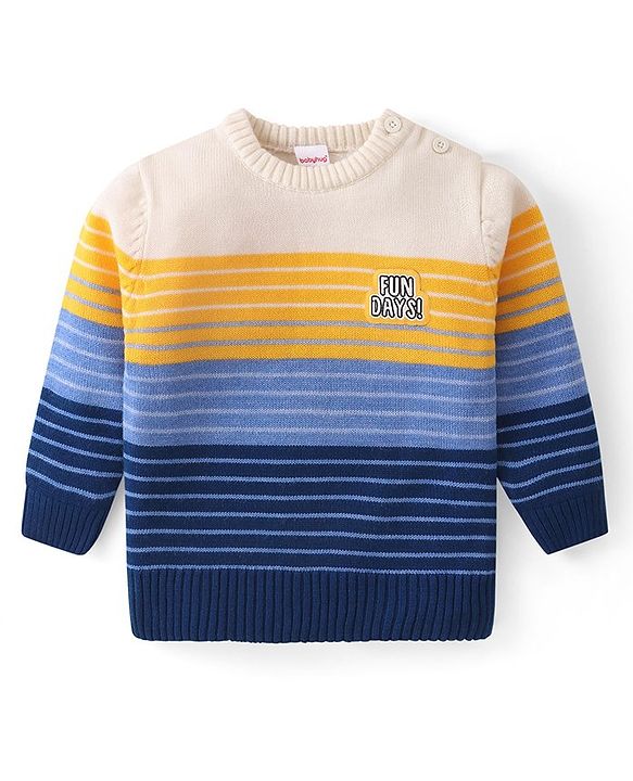 Babyhug Knitted Full Sleeved Pullover Striped  Sweater Set - Yellow  Blue & White