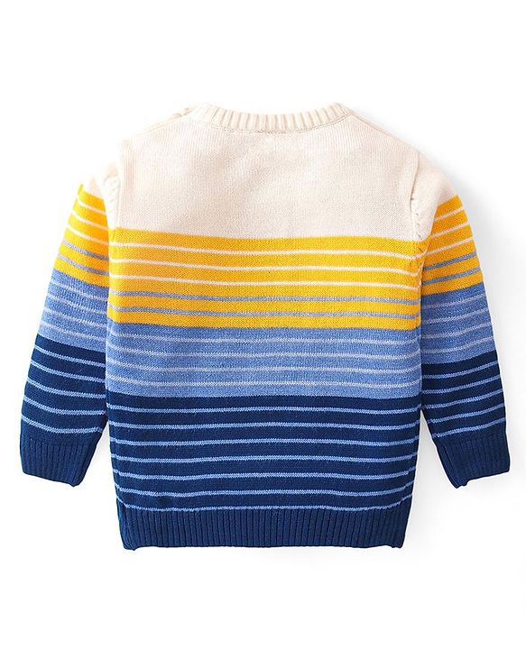 Babyhug Knitted Full Sleeved Pullover Striped  Sweater Set - Yellow  Blue & White