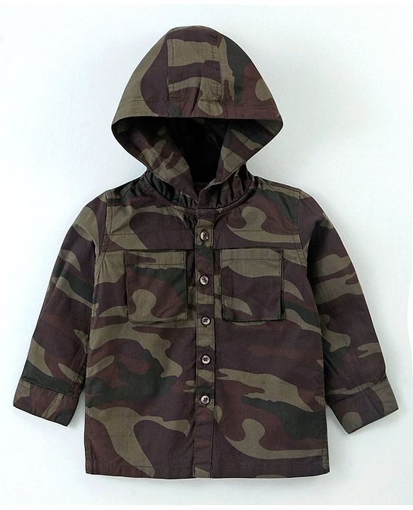 Babyhug Full Sleeves Hooded Shirt With Camouflage Print - Multicolour