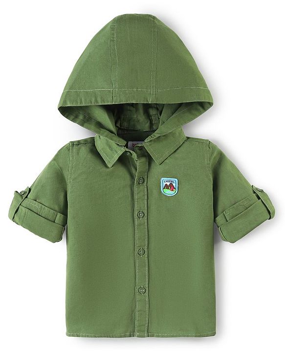 Babyhug Full Sleeve Regular Collar Full Sleeves Hooded Shirt- Green