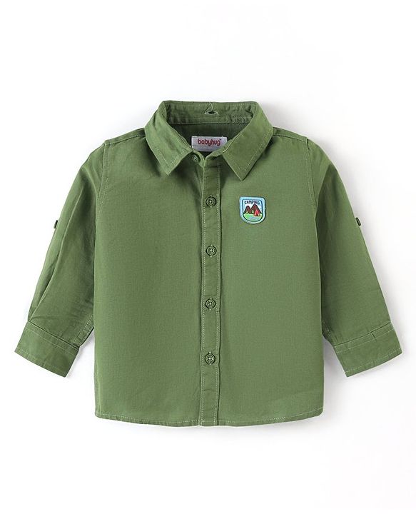 Babyhug Full Sleeve Regular Collar Full Sleeves Hooded Shirt- Green