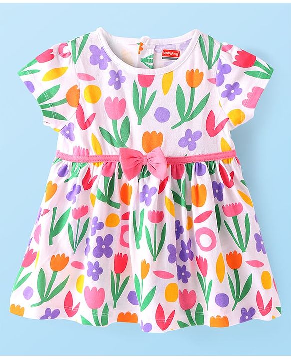 Babyhug Single Jersey Knit Half Sleeves Frock With Floral Print & Stocking - White