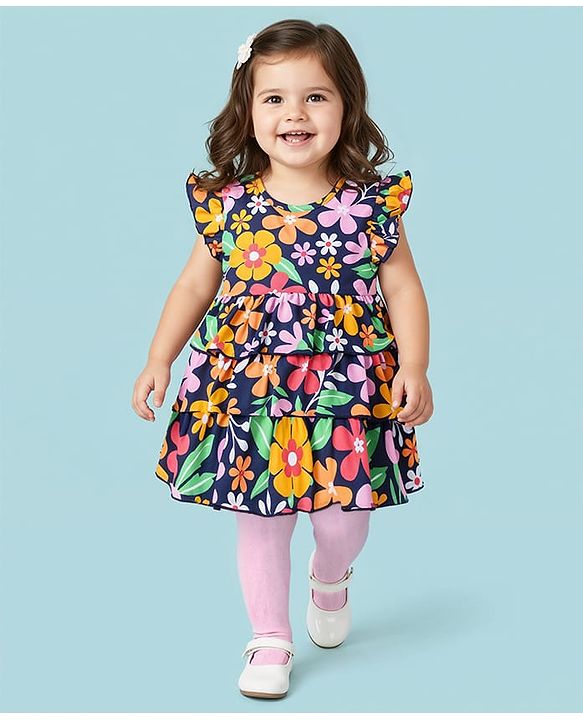Babyhug Single Jersey Knit Frill Sleeves Floral Printed Layered Frock With Leggings - Navy