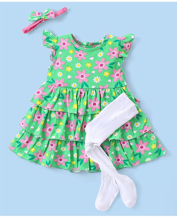 Babyhug Single Jersey Sleeveless Layered Frock with Legging & Hairband Floral Print - Green
