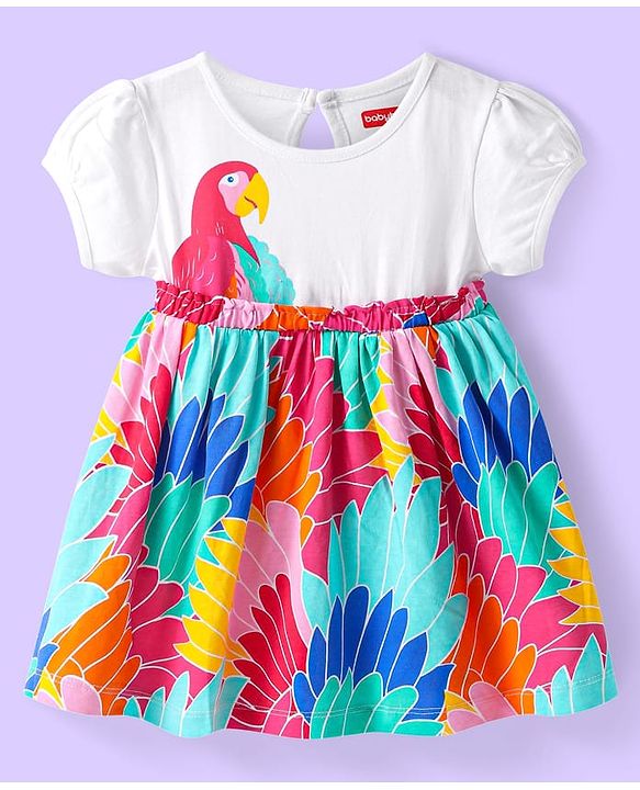 Babyhug Single Jersey Knit Short Puffed Sleeves Frock with Parrot Print - White